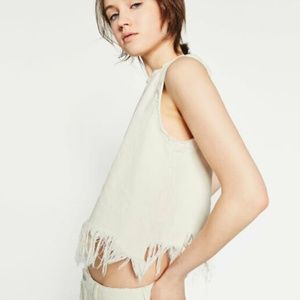 Zara White Frayed Distressed Denim Top in Ivory